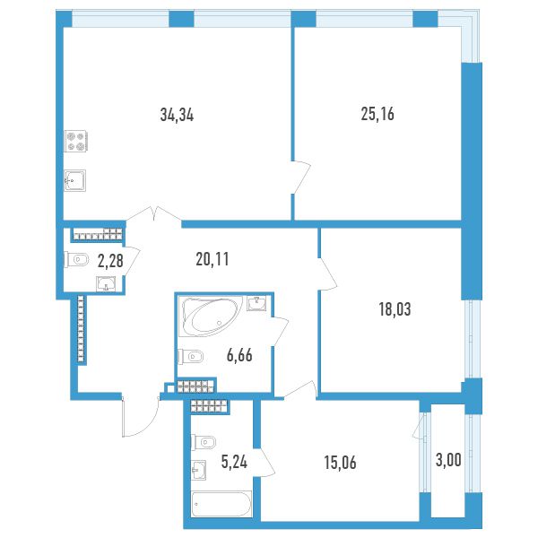 2 комн. квартира, 128.4 м², 14 этаж 