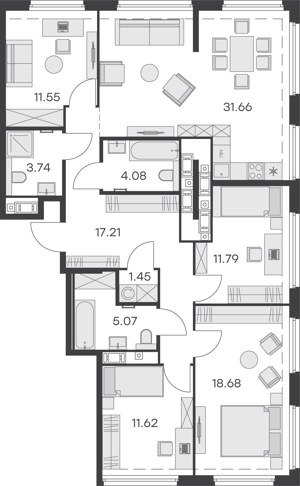 3 комн. квартира, 116.8 м², 15 этаж 
