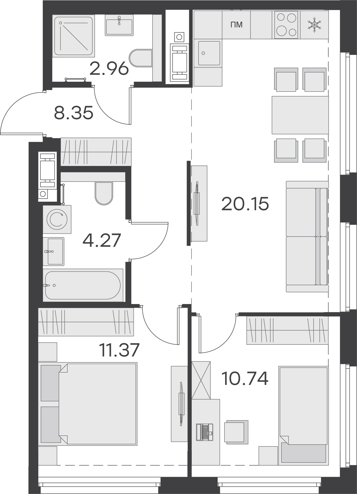 1 комн. квартира, 57.8 м², 11 этаж 