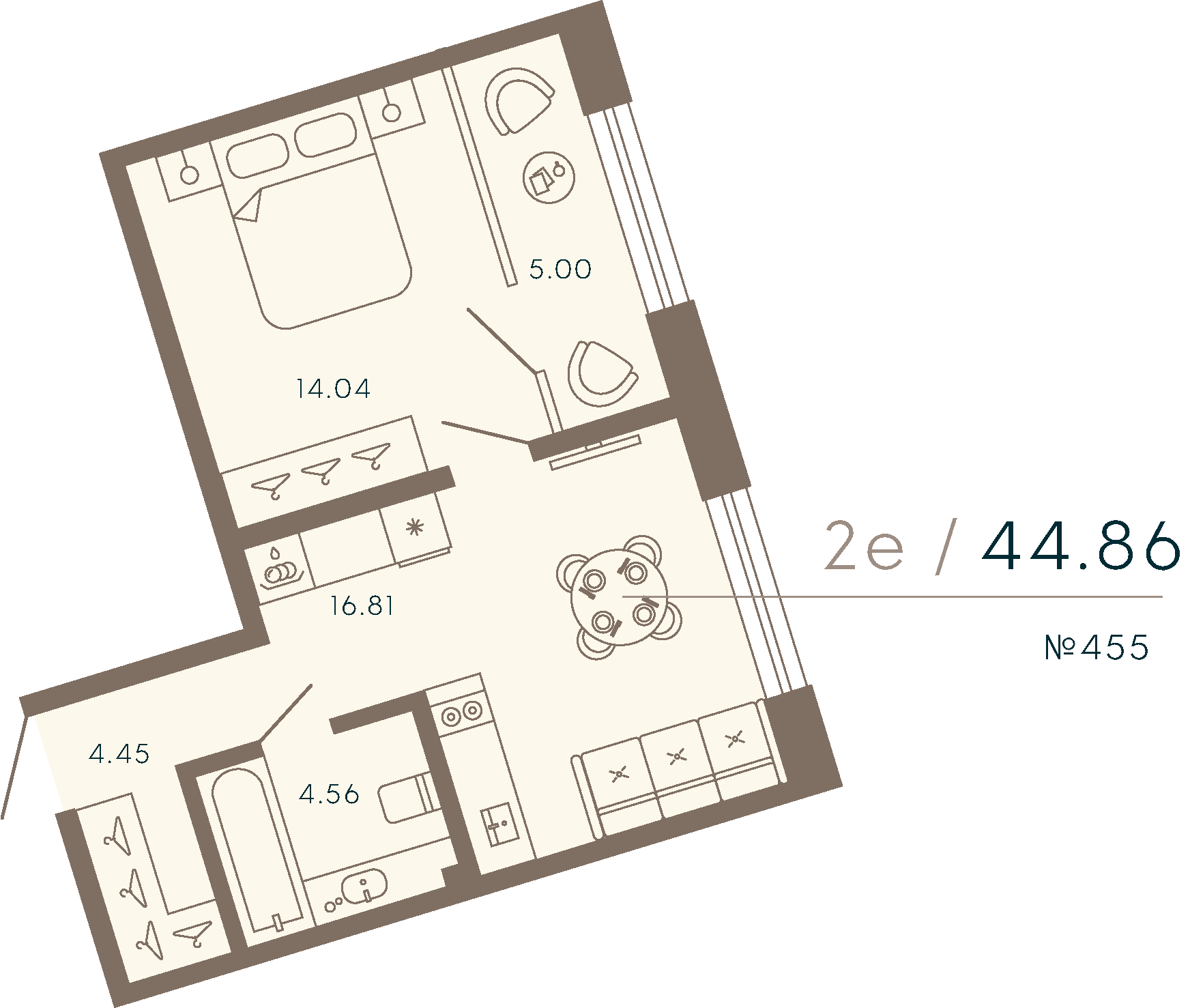 1 комн. квартира, 44.9 м², 2 этаж 