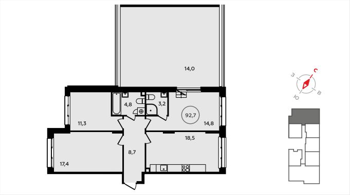3 комн. квартира, 92.7 м², 2 этаж 