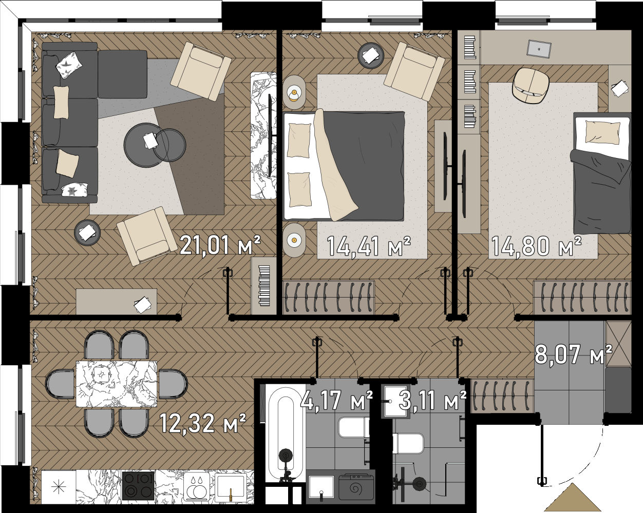 3 комн. квартира, 79.9 м², 20 этаж  (из 23)