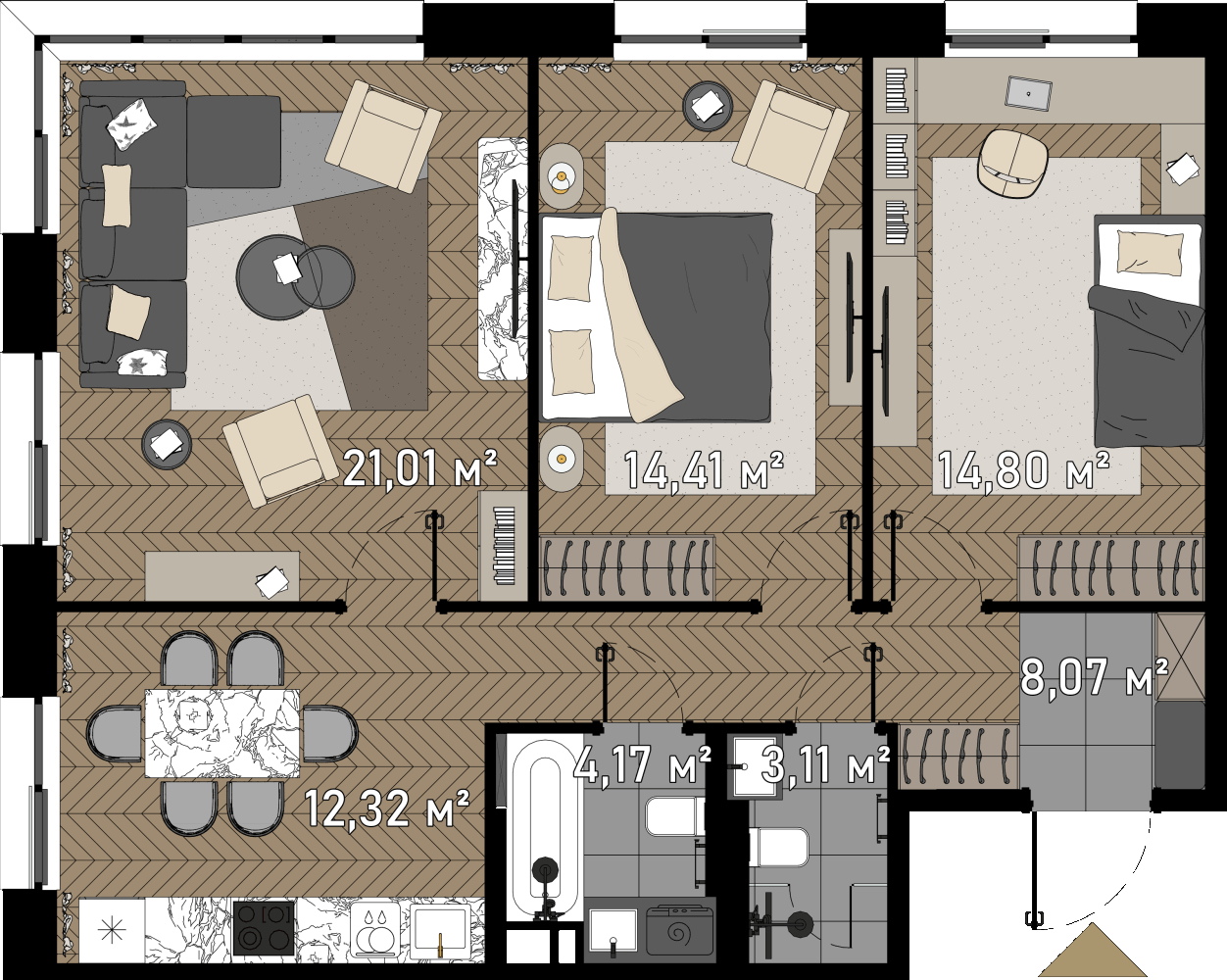 3 комн. квартира, 77.9 м², 20 этаж  (из 23)