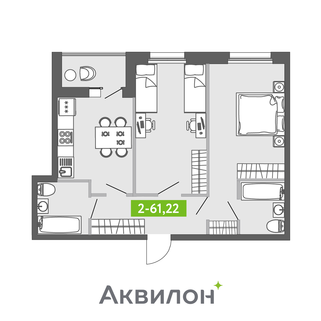 2 комн. квартира, 60.4 м², 1 этаж 