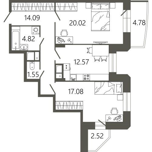 2 комн. квартира, 72.8 м², 3 этаж 