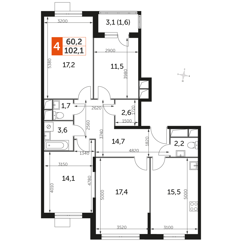 4 комн. квартира, 102.1 м², 15 этаж 