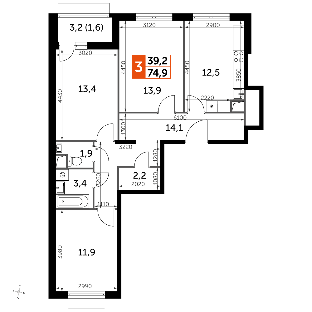 3 комн. квартира, 76.5 м², 2 этаж 