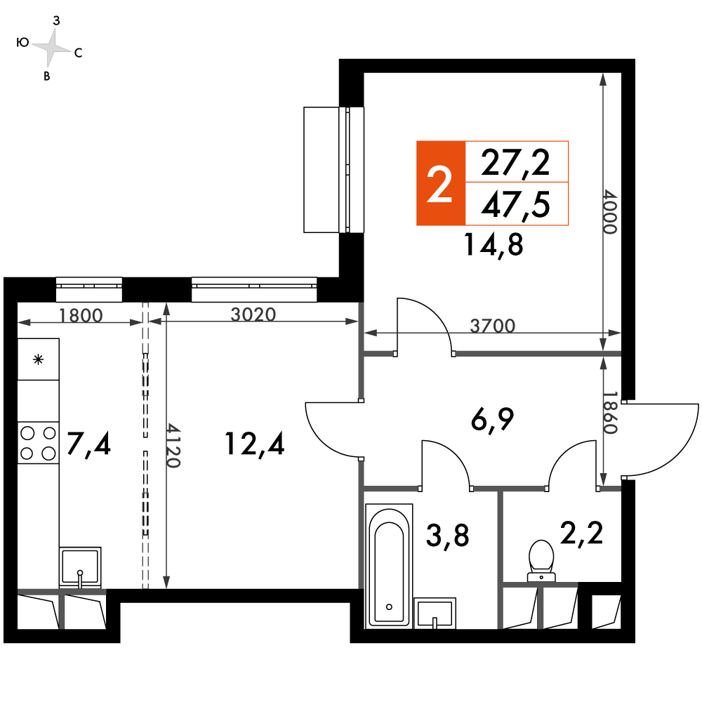2 комн. квартира, 47.5 м², 10 этаж 