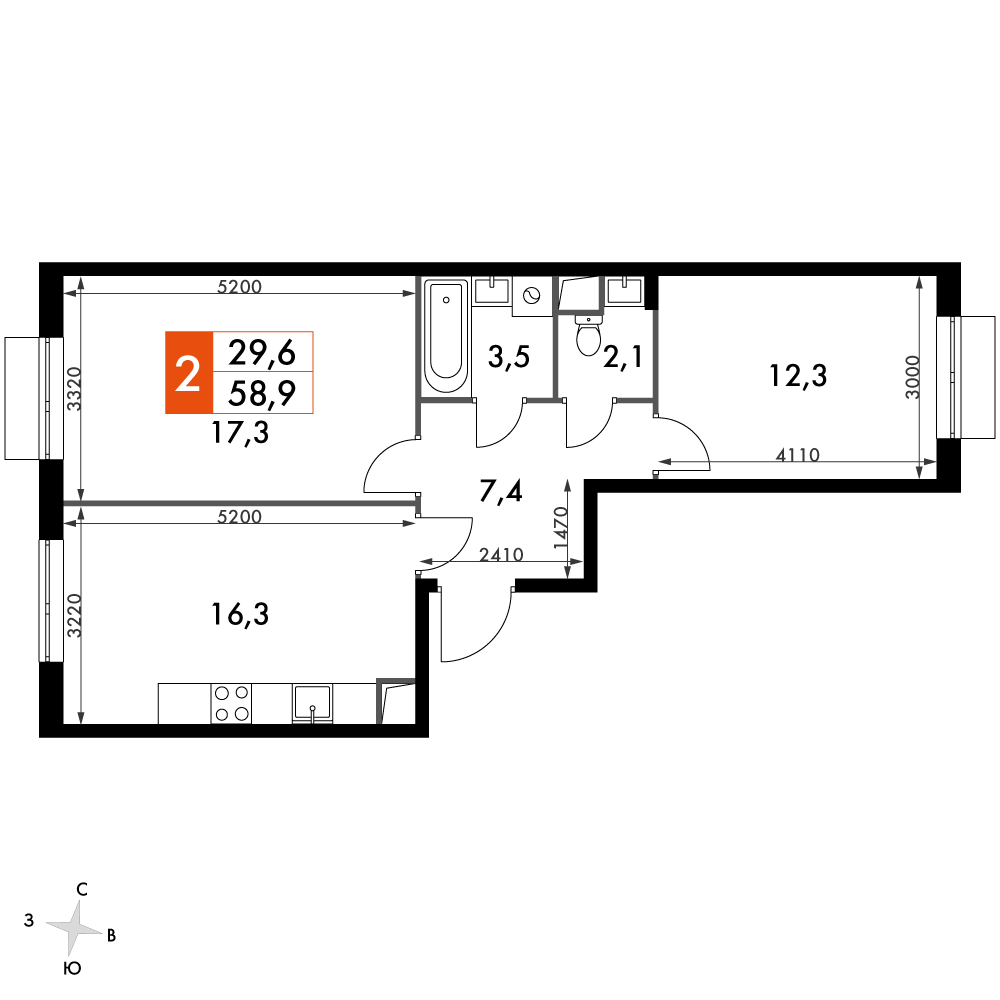 2 комн. квартира, 58.9 м², 2 этаж 