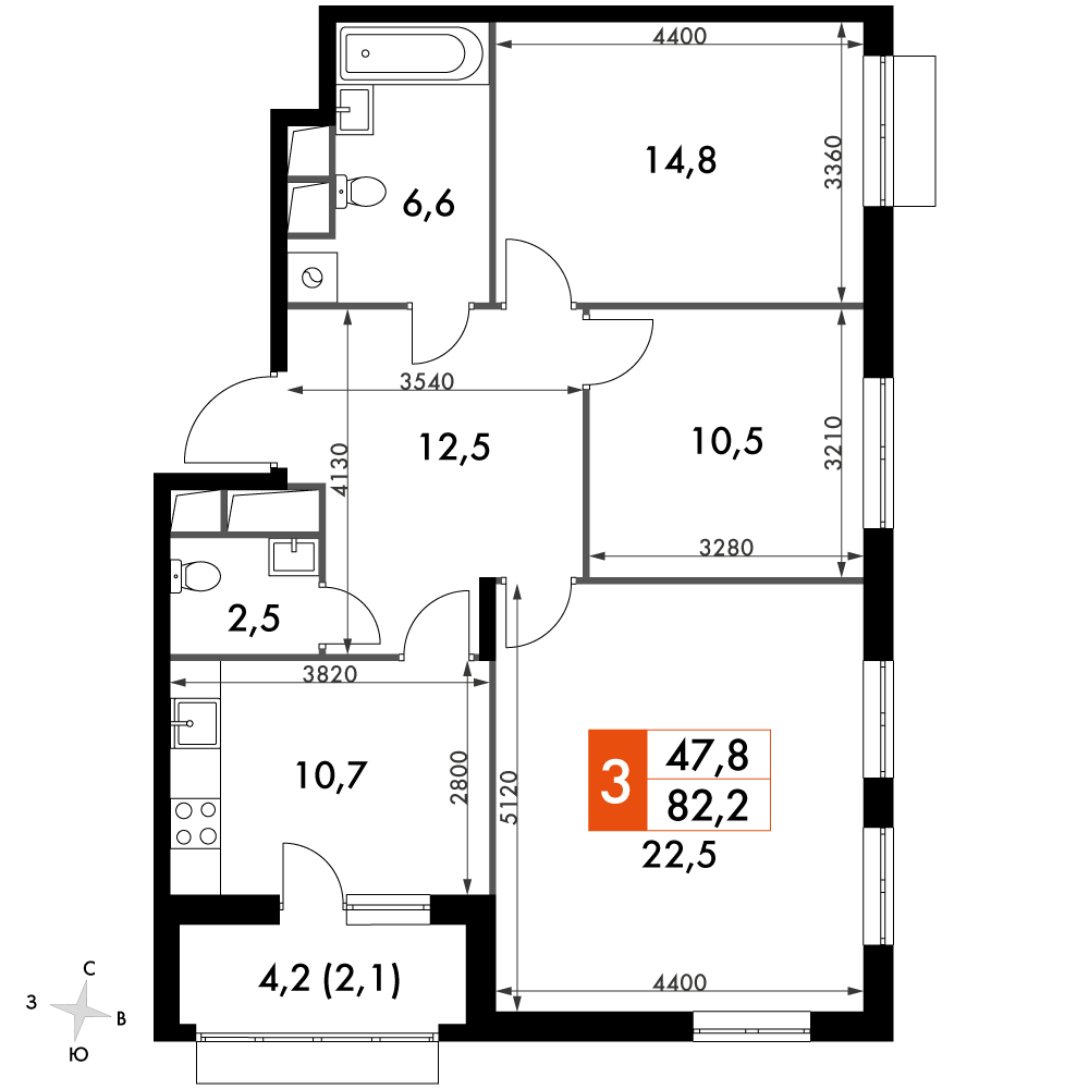 3 комн. квартира, 82.2 м², 4 этаж 
