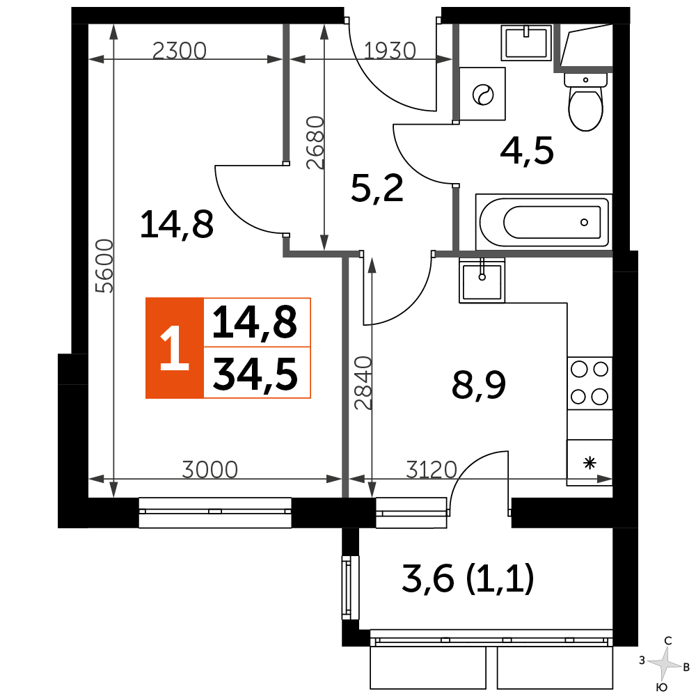 1 комн. квартира, 34.5 м², 1 этаж 