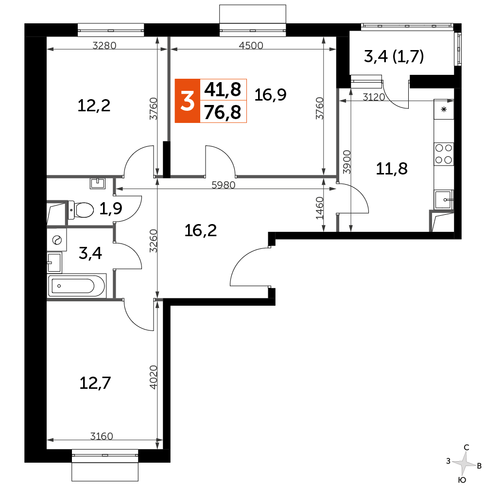 3 комн. квартира, 76.8 м², 1 этаж 