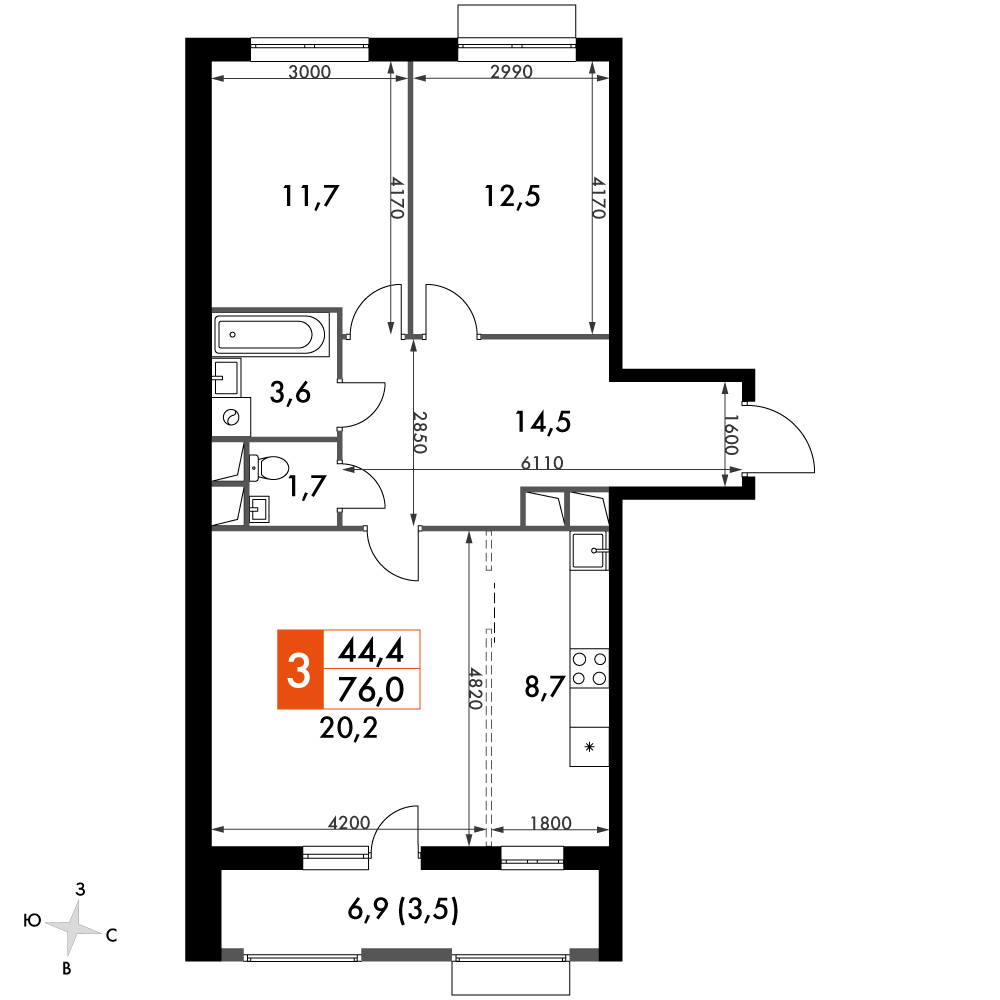 3 комн. квартира, 76 м², 13 этаж 