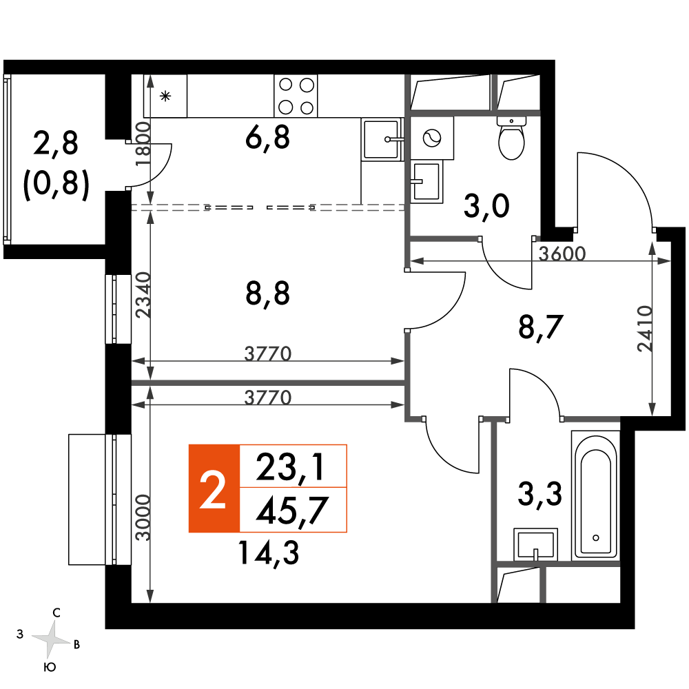 2 комн. квартира, 45.7 м², 14 этаж 