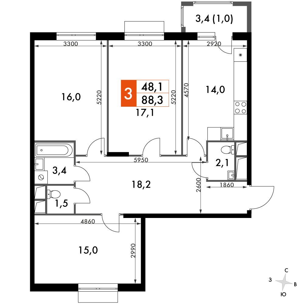 3 комн. квартира, 88.3 м², 3 этаж 
