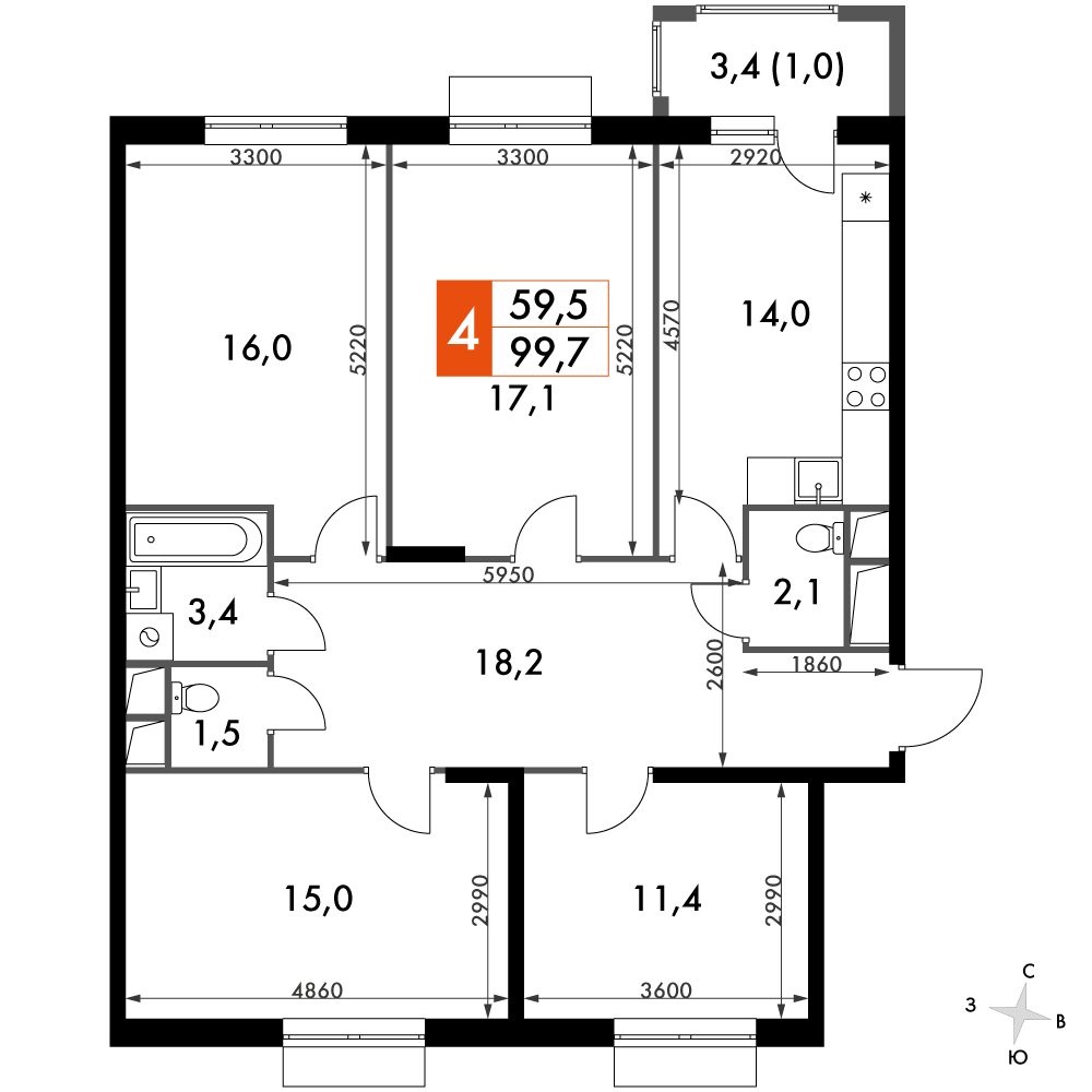 4 комн. квартира, 99.7 м², 15 этаж 