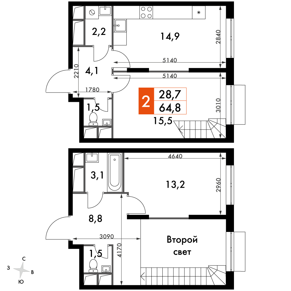 2 комн. квартира, 64.8 м², 15 этаж 
