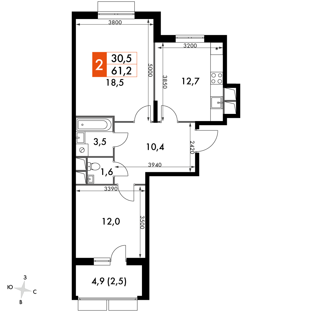 2 комн. квартира, 61.2 м², 8 этаж 