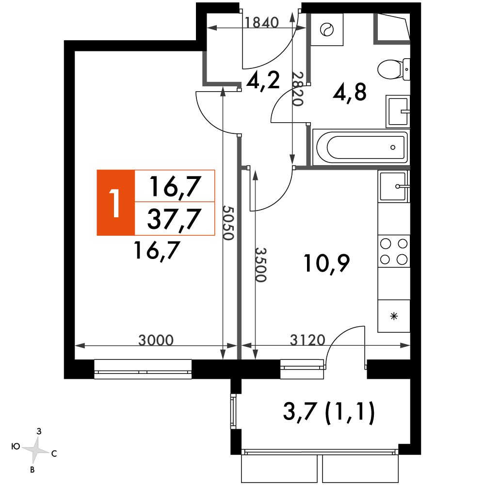 1 комн. квартира, 37.7 м², 2 этаж 