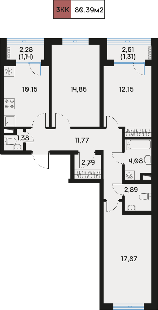 2 комн. квартира, 80.3 м², 6 этаж  (из 9)