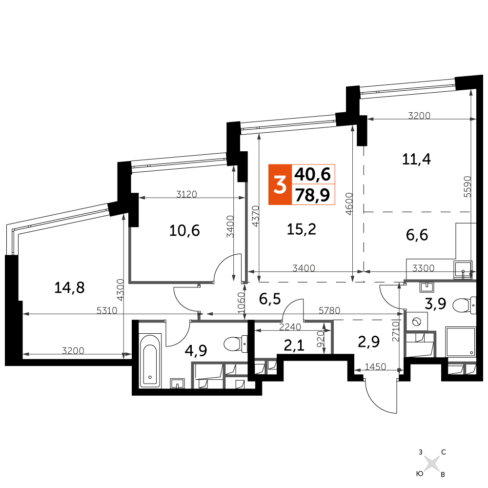 3 комн. квартира, 78.9 м², 20 этаж 