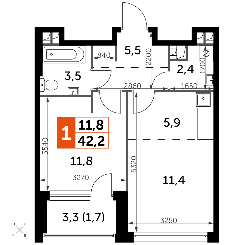 1 комн. квартира, 42.2 м², 8 этаж 