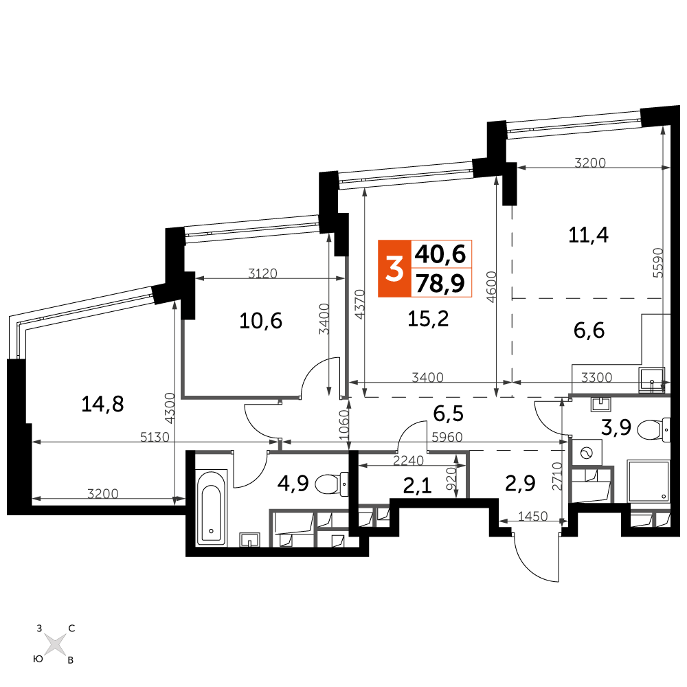 3 комн. квартира, 78.9 м², 19 этаж 