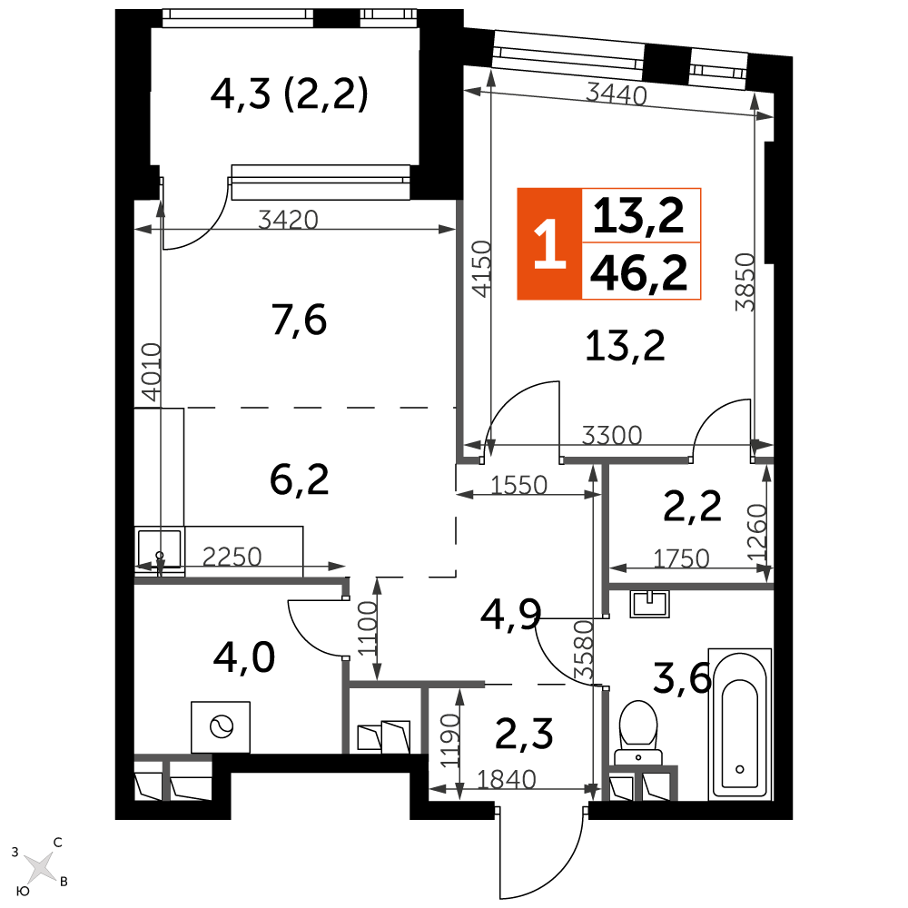 1 комн. квартира, 46.2 м², 11 этаж 