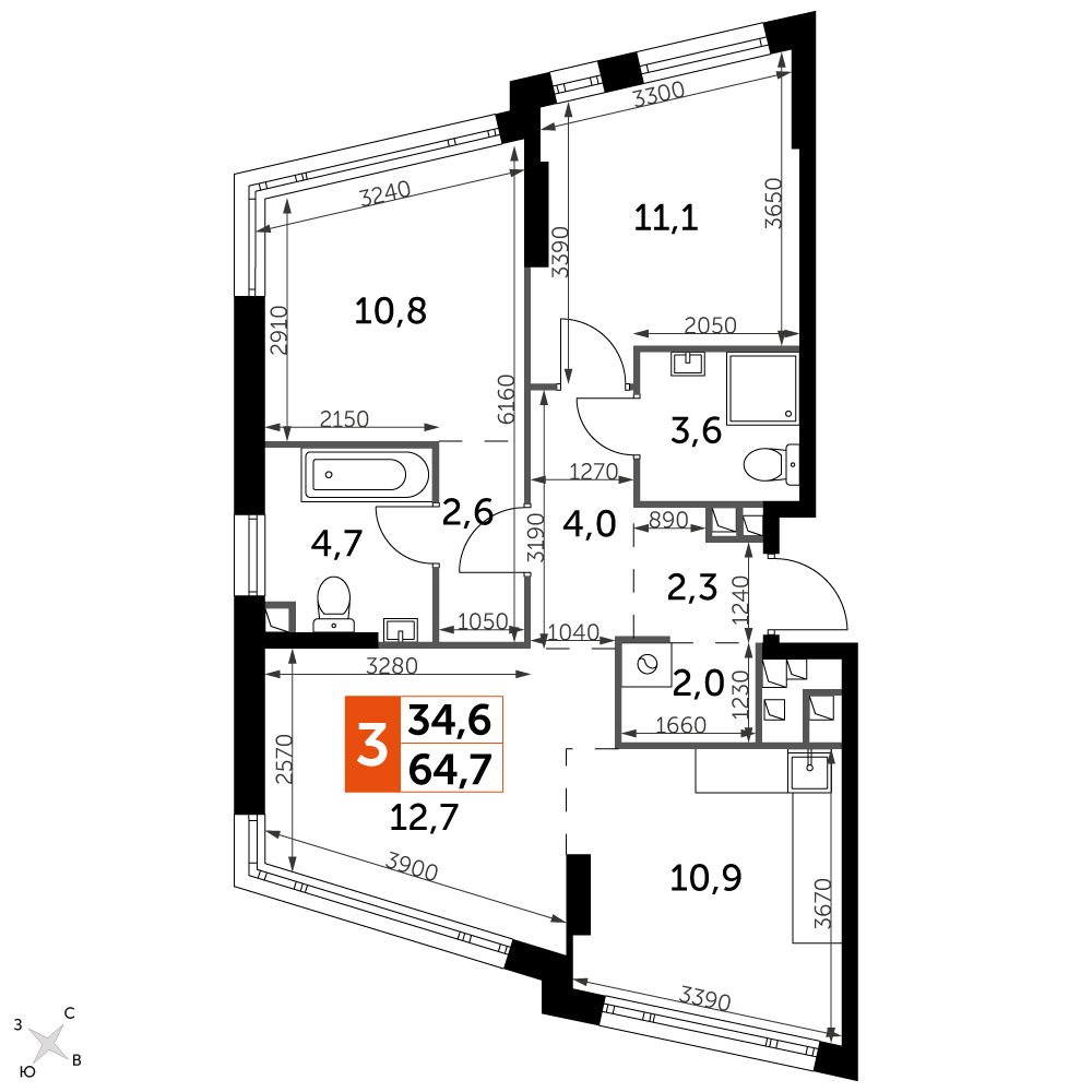 3 комн. квартира, 64.7 м², 8 этаж 