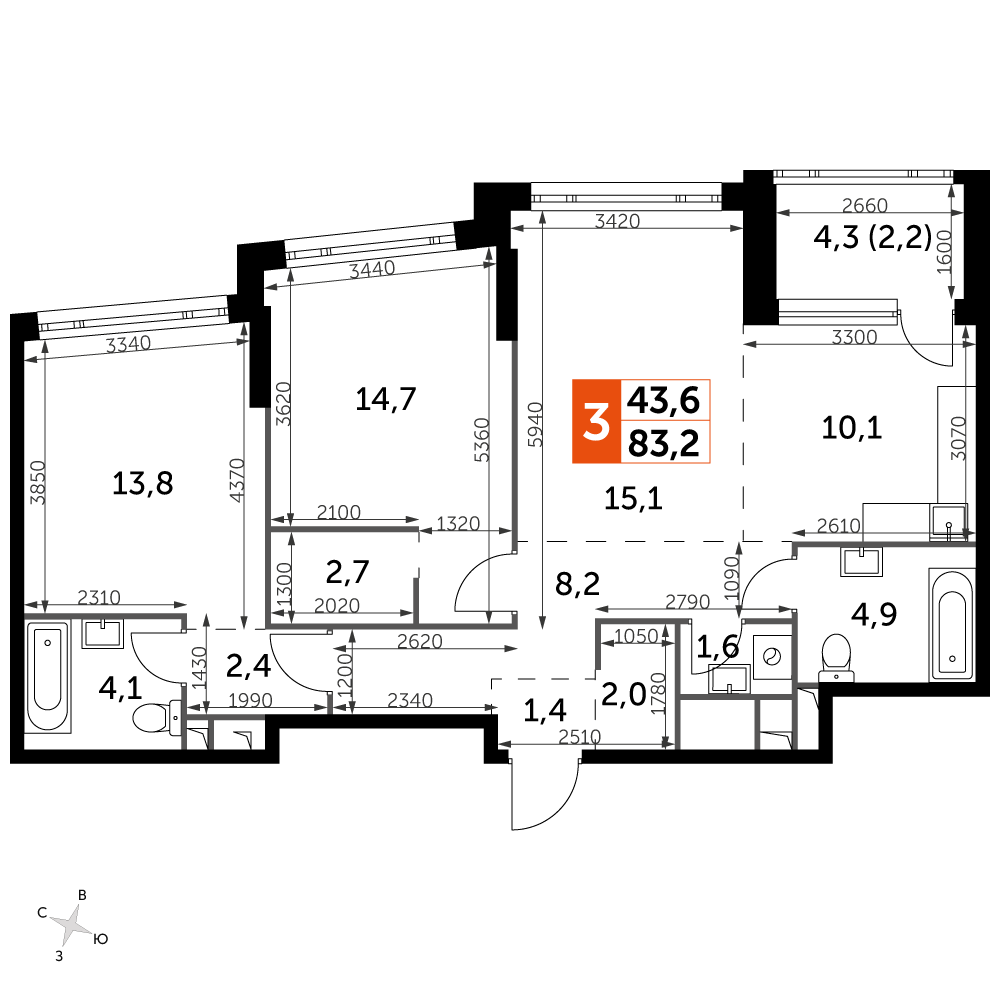 3 комн. квартира, 83.2 м², 14 этаж 