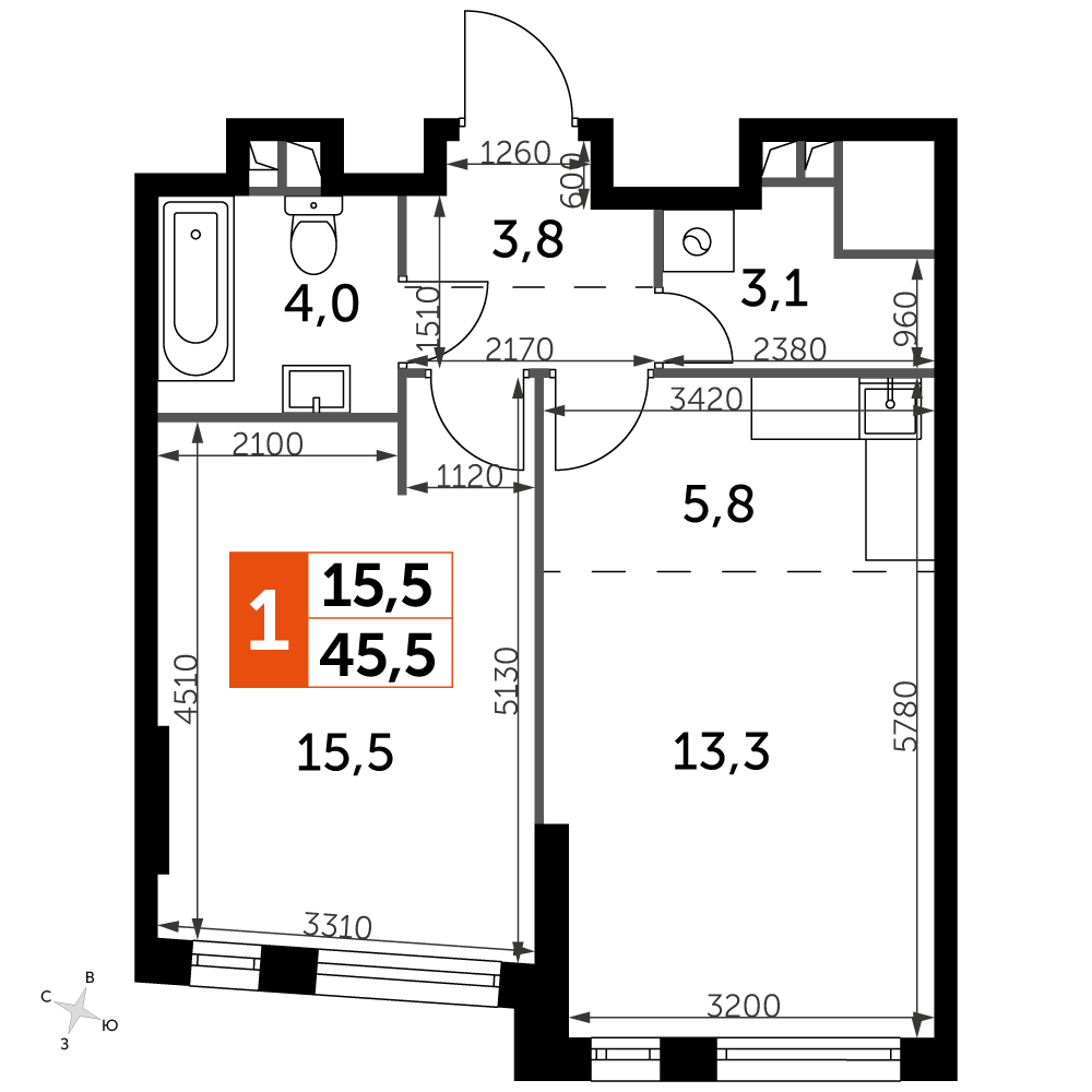 1 комн. квартира, 45.5 м², 27 этаж 