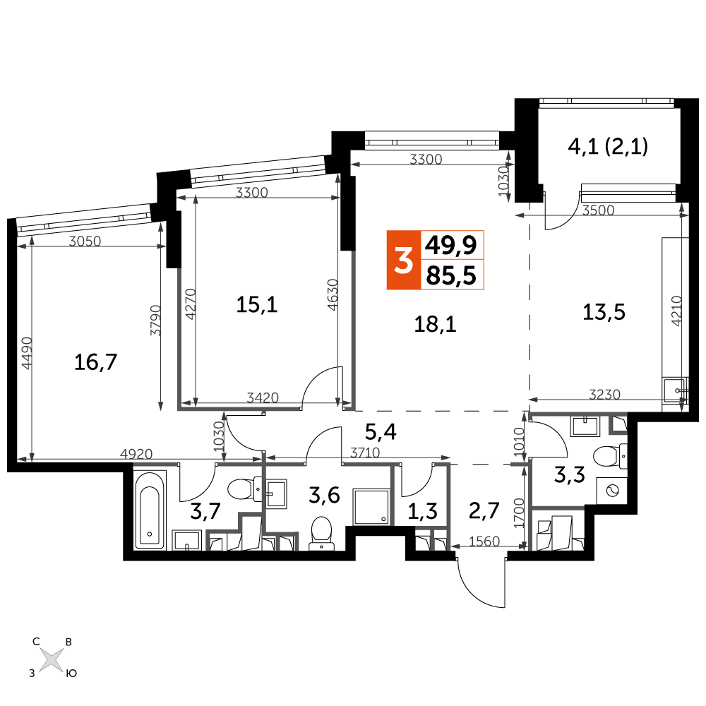 3 комн. квартира, 85.5 м², 21 этаж 