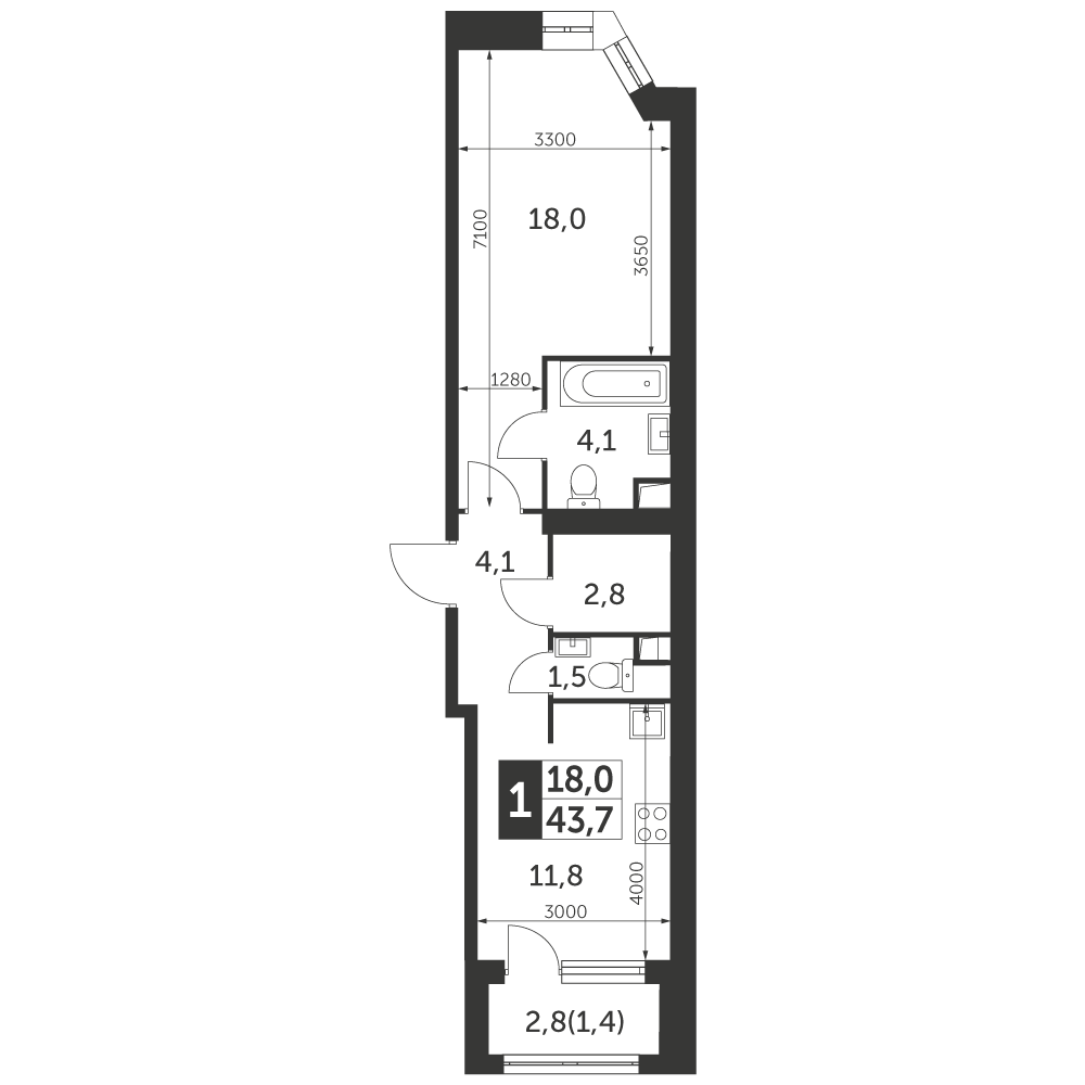 1 комн. квартира, 43.7 м², 27 этаж 