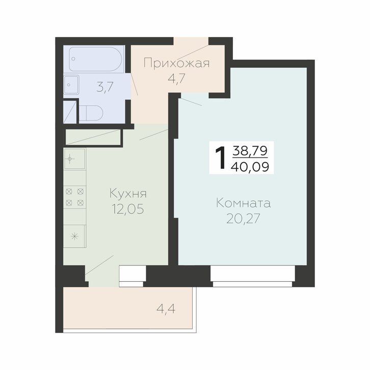 1 комн. квартира, 40.1 м², 12 этаж 