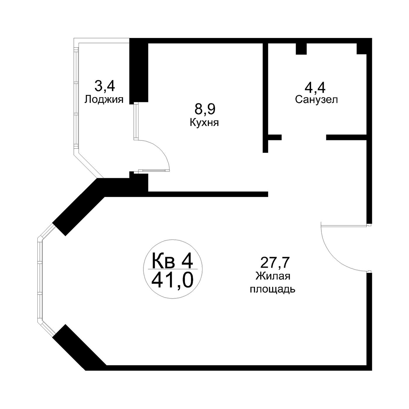 1 комн. квартира, 44.2 м², 2 этаж 