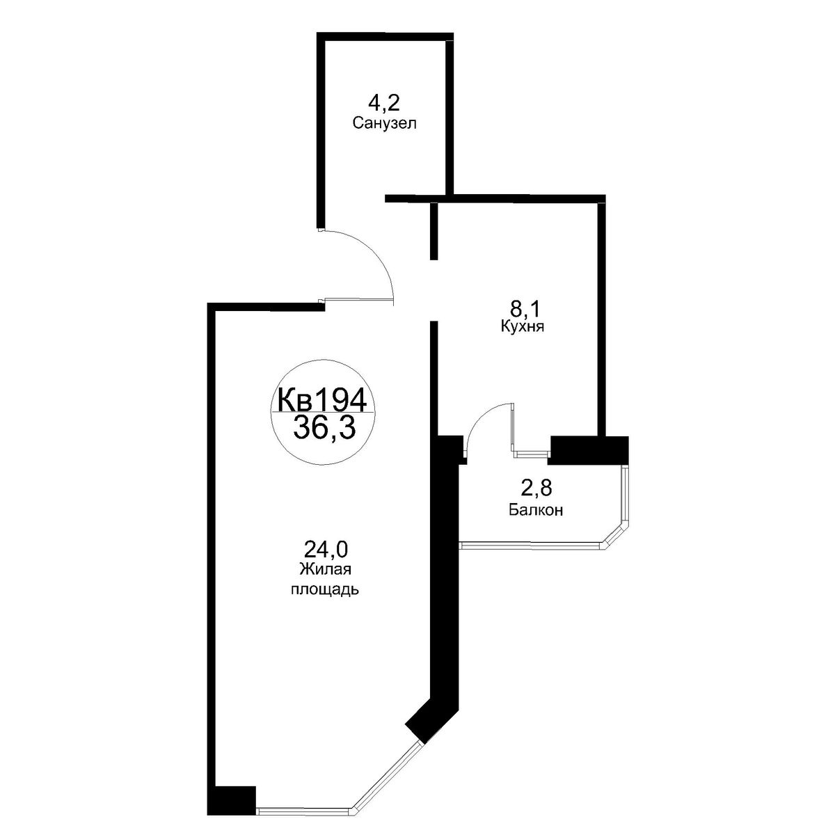 1 комн. квартира, 39.1 м², 2 этаж 