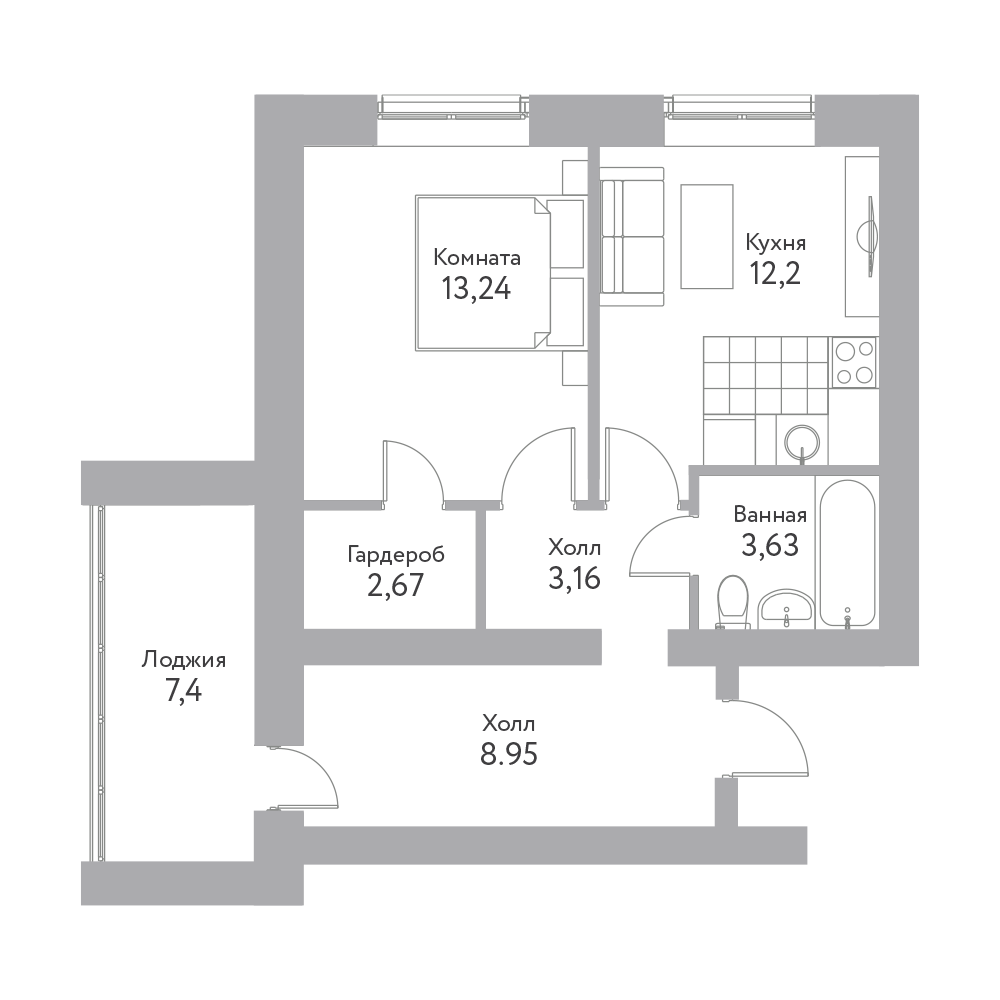 1 комн. квартира, 47.6 м², 5 этаж 