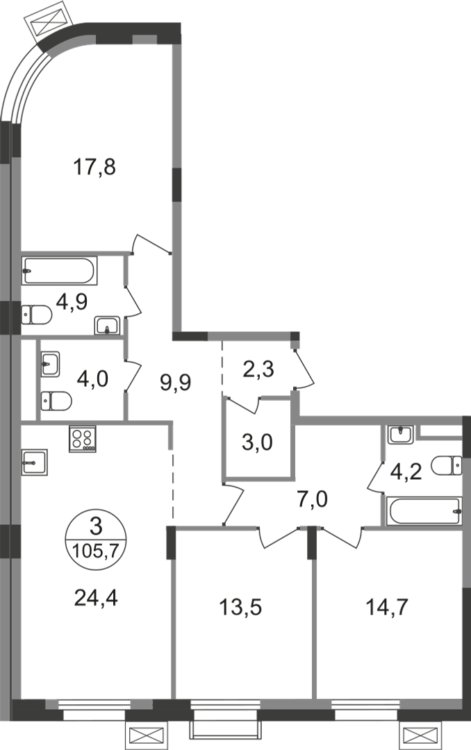 3 комн. квартира, 105.7 м², 8 этаж  (из 9)