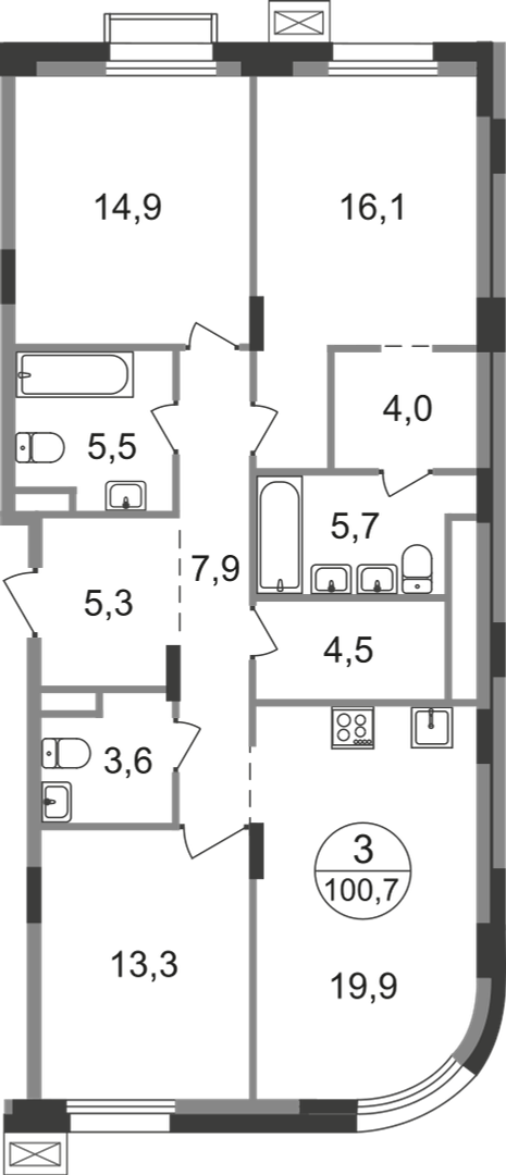 3 комн. квартира, 100.7 м², 6 этаж  (из 9)