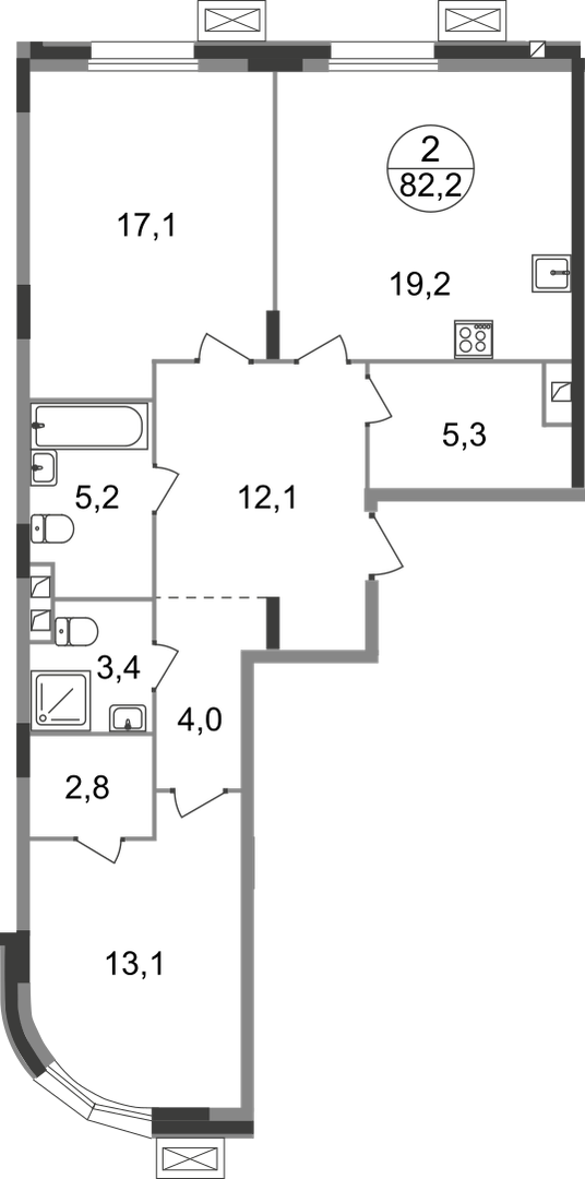 2 комн. квартира, 82.2 м², 1 этаж  (из 9)