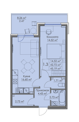 1 комн. квартира, 45.2 м², 1 этаж 