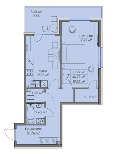 1 комн. квартира, 49.4 м², 1 этаж 