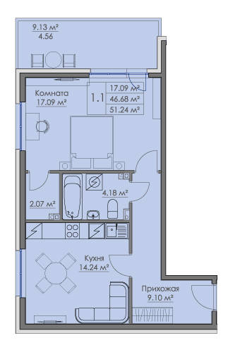 1 комн. квартира, 51.2 м², 2 этаж 
