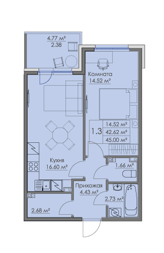 1 комн. квартира, 45 м², 2 этаж 