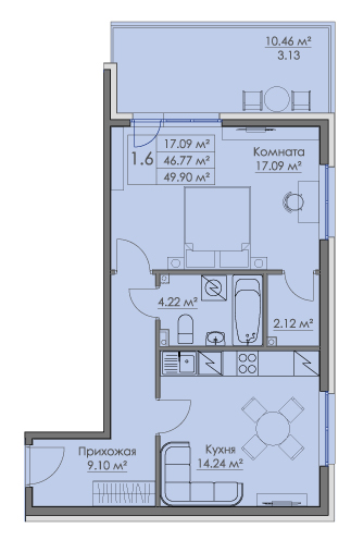 1 комн. квартира, 49.9 м², 1 этаж 