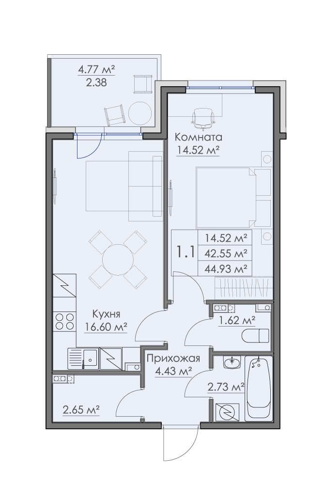 1 комн. квартира, 44.9 м², 3 этаж 
