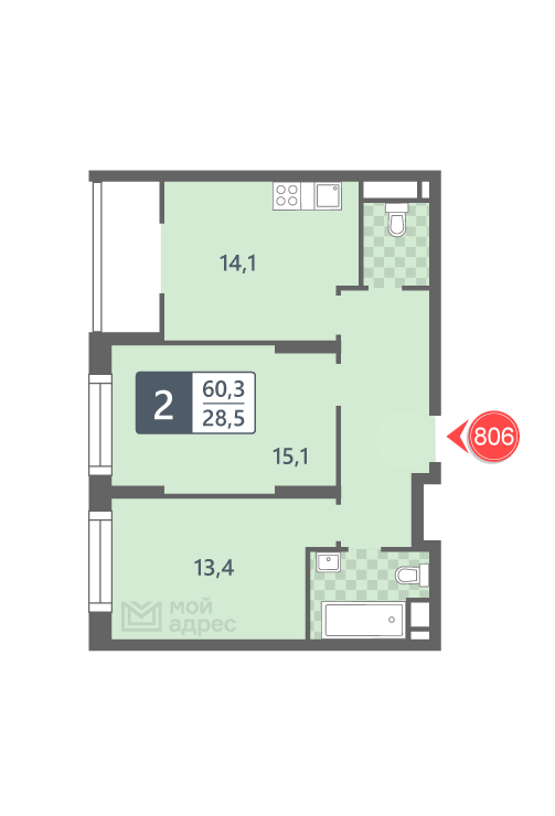 2 комн. квартира, 60.3 м², 5 этаж 