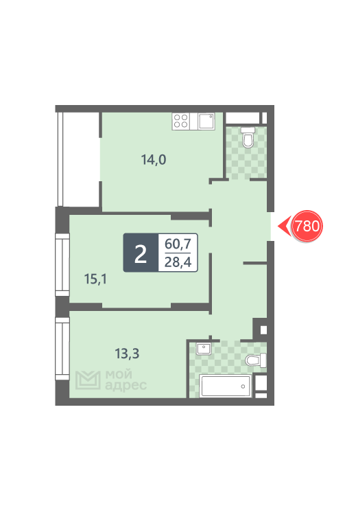 2 комн. квартира, 60.7 м², 3 этаж 