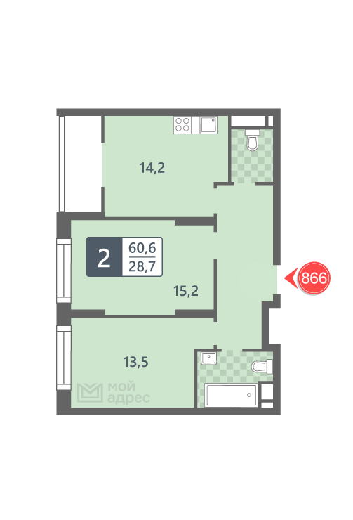 2 комн. квартира, 60.6 м², 10 этаж 