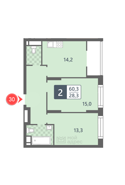 2 комн. квартира, 60.3 м², 4 этаж 